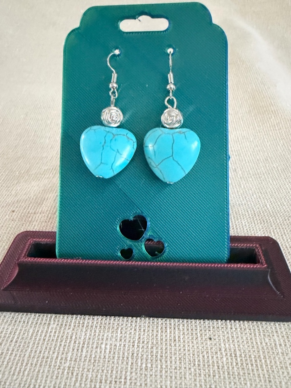 Two Pair Turquoise Heart Drop Earrings - Blue Heart Dangle Earrings - Picture 7 of 7